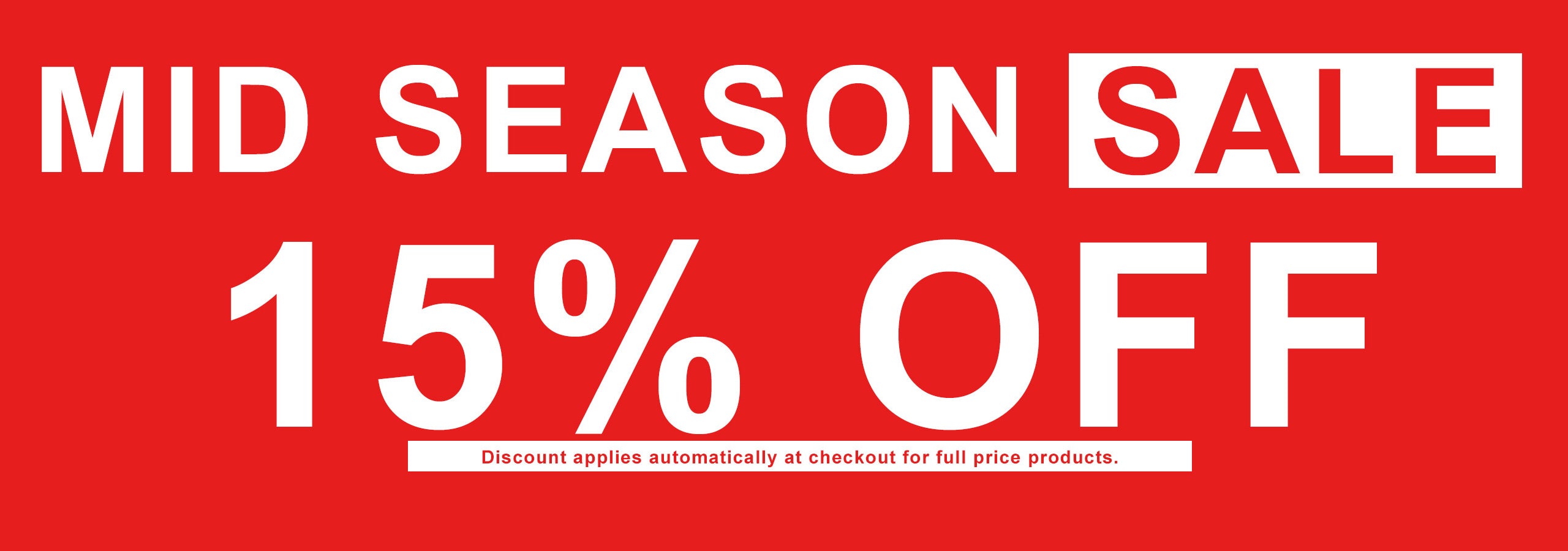 Red sale banner with 'Mid Season Sale 15% Off' text on a red background