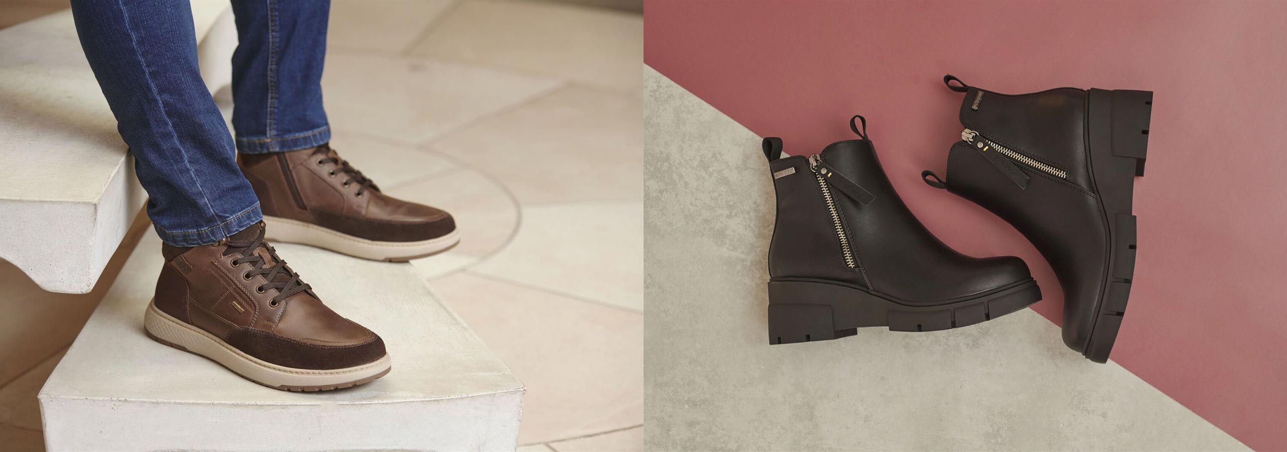 Brown leather shoes on a white surface with a pink background showing black boots.
