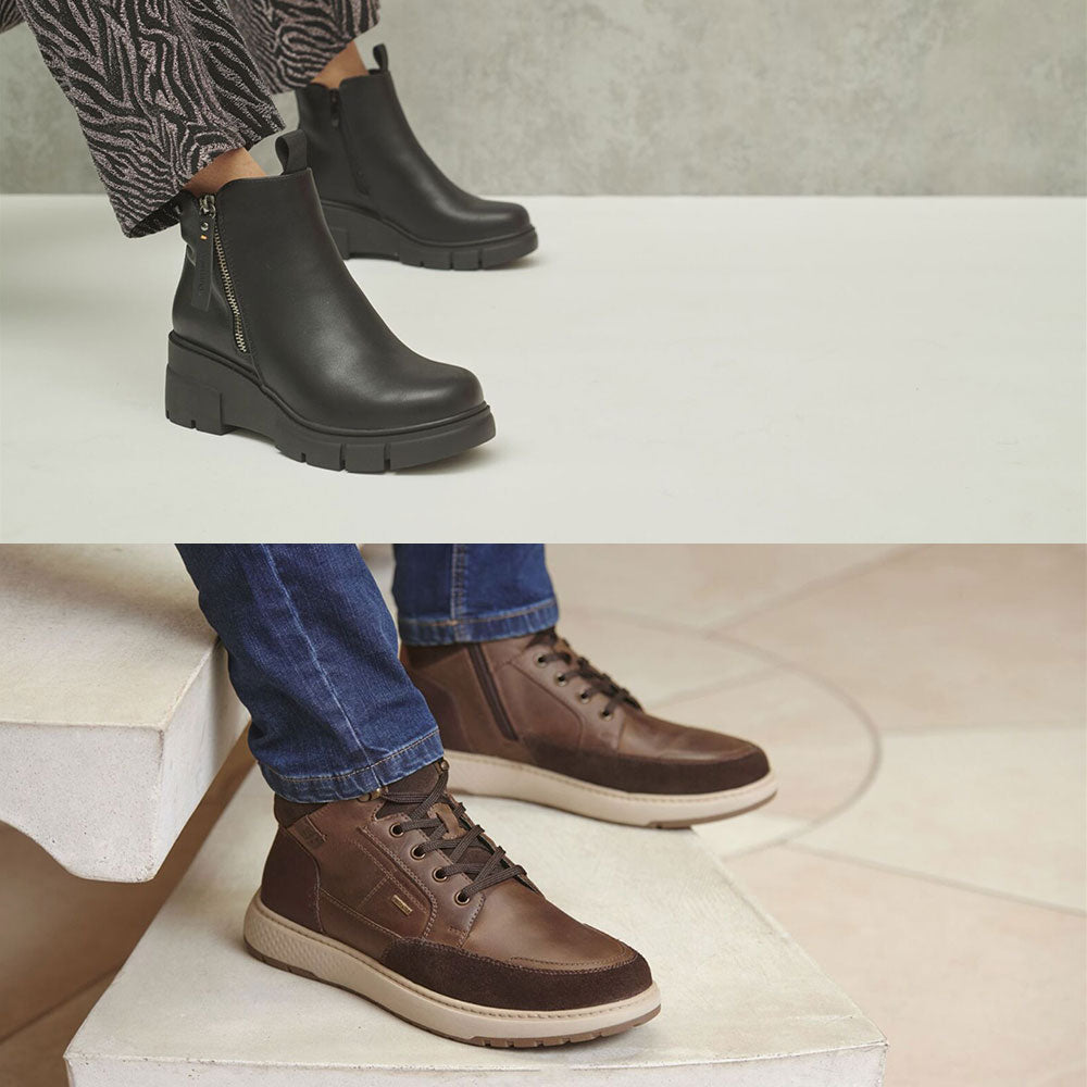 Two pairs of shoes worn by people on a neutral background