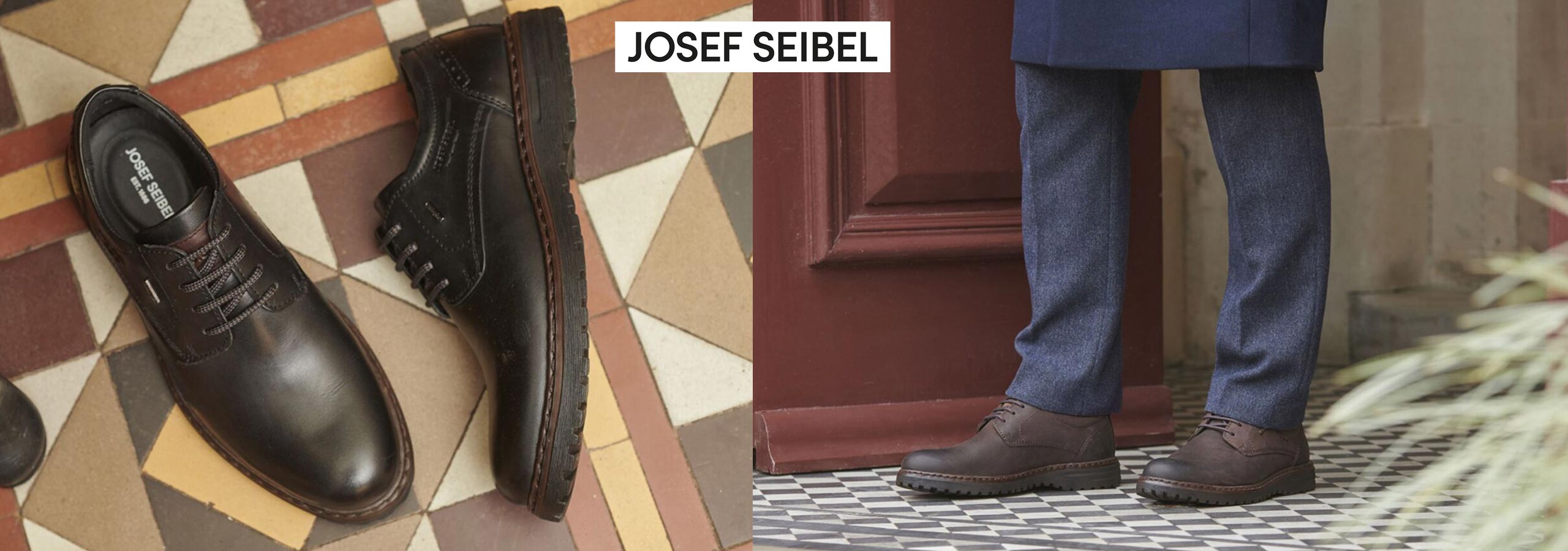 Brown shoes on a geometric-patterned floor with a person wearing them outside.