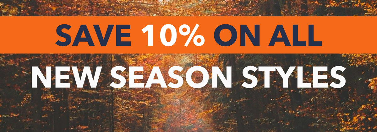 Autumnal trees background overlaid with Save 10% on all new season styles