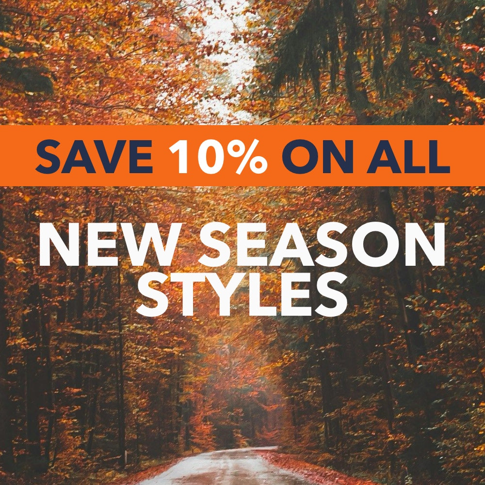 Autumnal trees background overlaid with Save 10% on all new season styles
