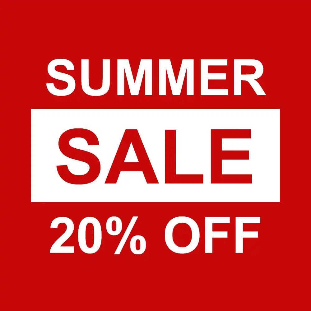 A promotional sale graphic with the words 'SUMMER SALE 20% OFF' in white and red text on a solid red background.