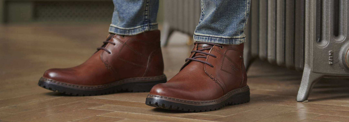 close up of a pair of brown mens boots