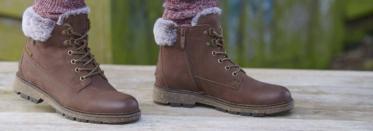 close up of a pair of brown autumn winter boots