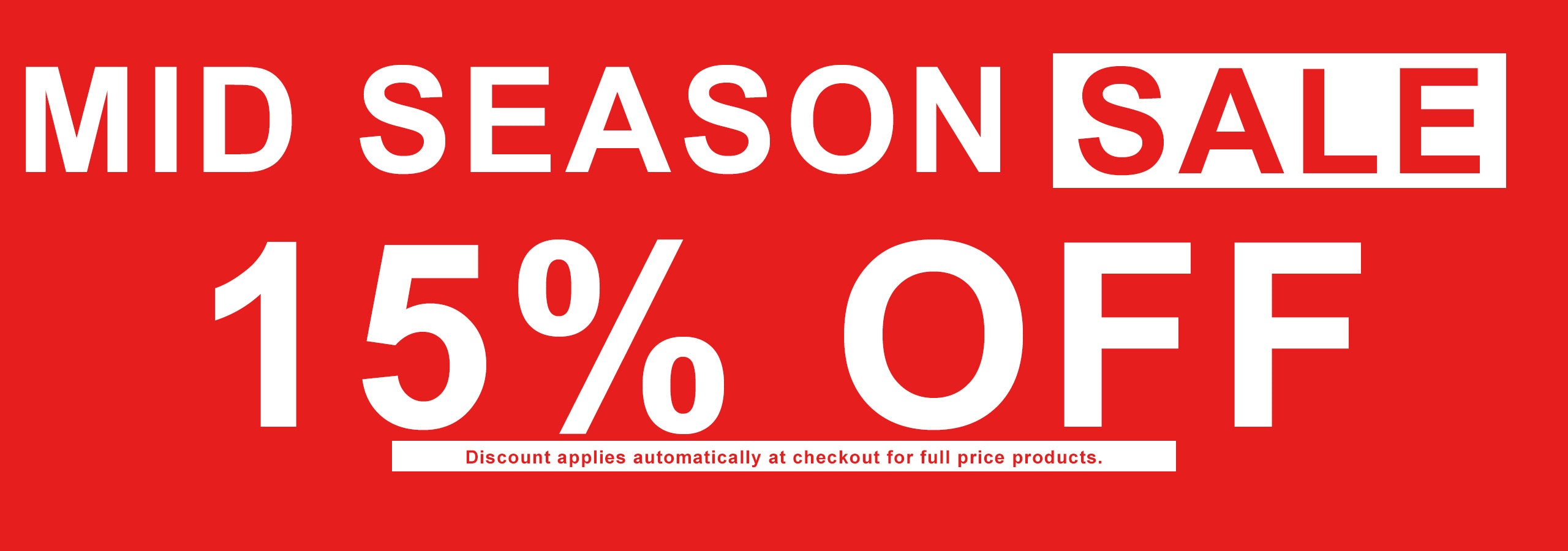 Red sale banner with 'Mid Season Sale 15% Off' text on a red background