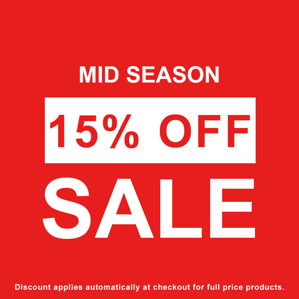 Red sale banner with 'Mid Season 15% Off Sale' text on a red background
