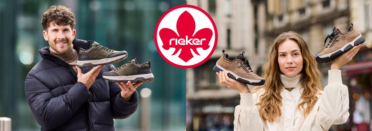 a man and a woman both holding up autumn winter season shoes by rieker