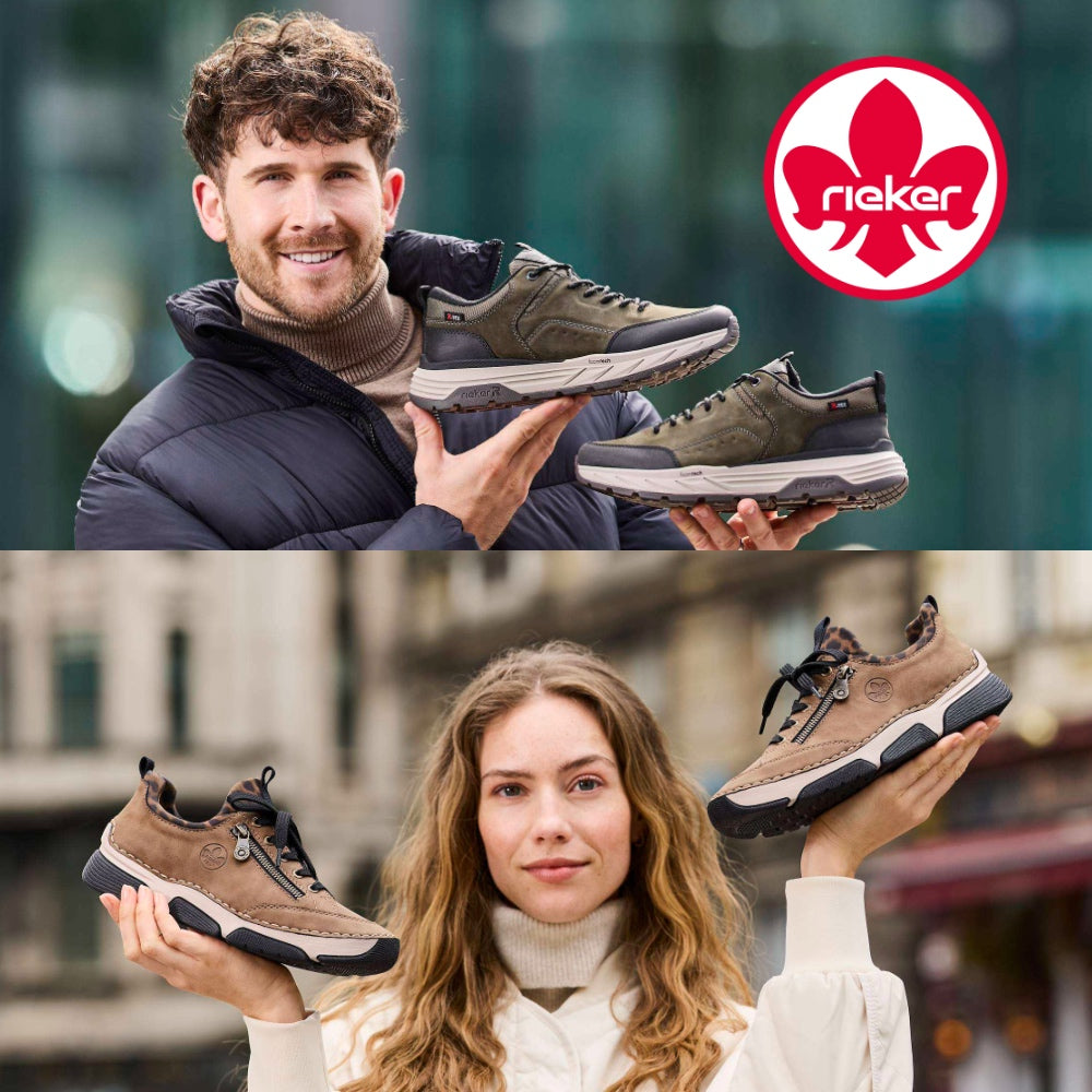 a man and a woman both holding up autumn winter season shoes by rieker