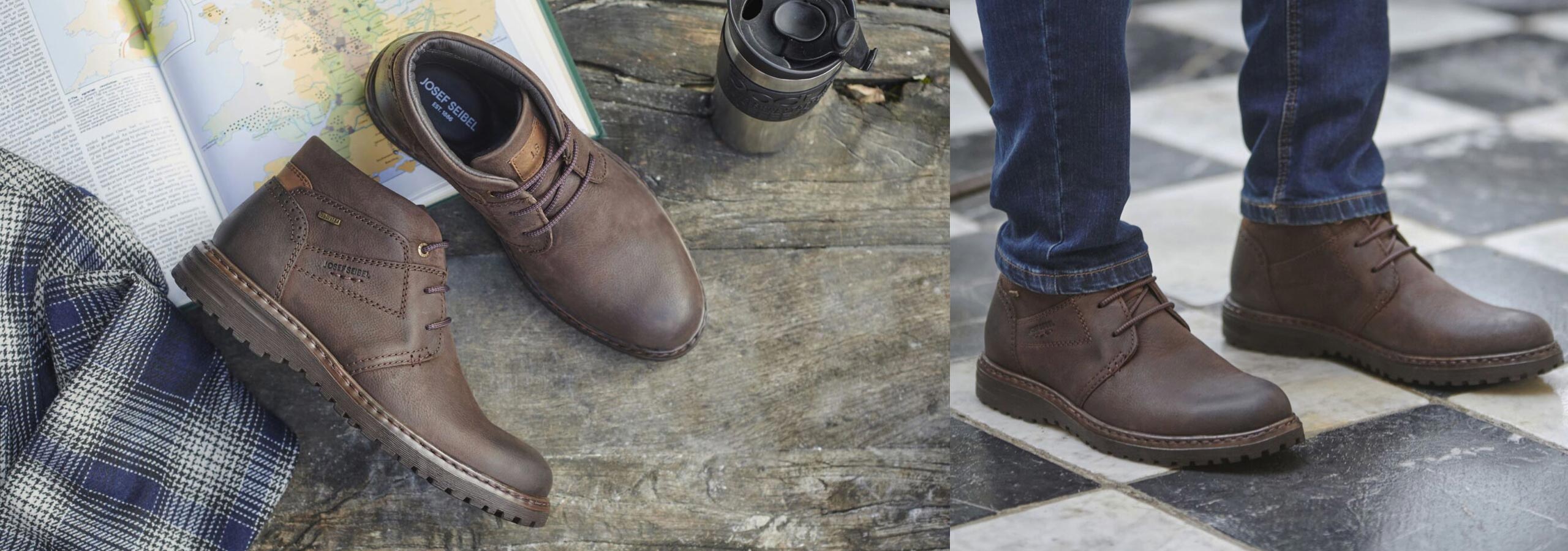 Brown leather shoes on a wooden floor and checkered floor.