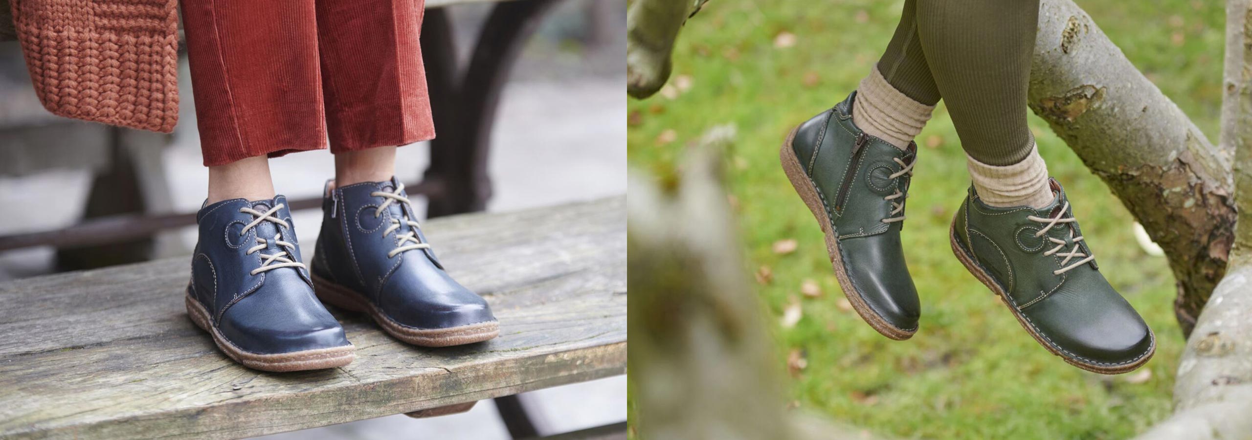 Two pairs of shoes worn by people in different settings.