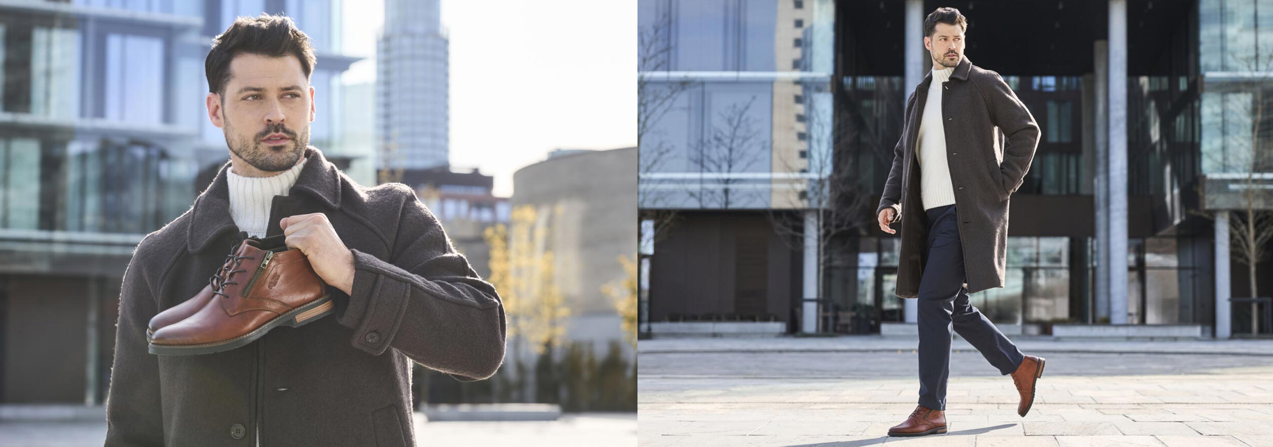 Man adjusting his brown leather shoes in an urban setting