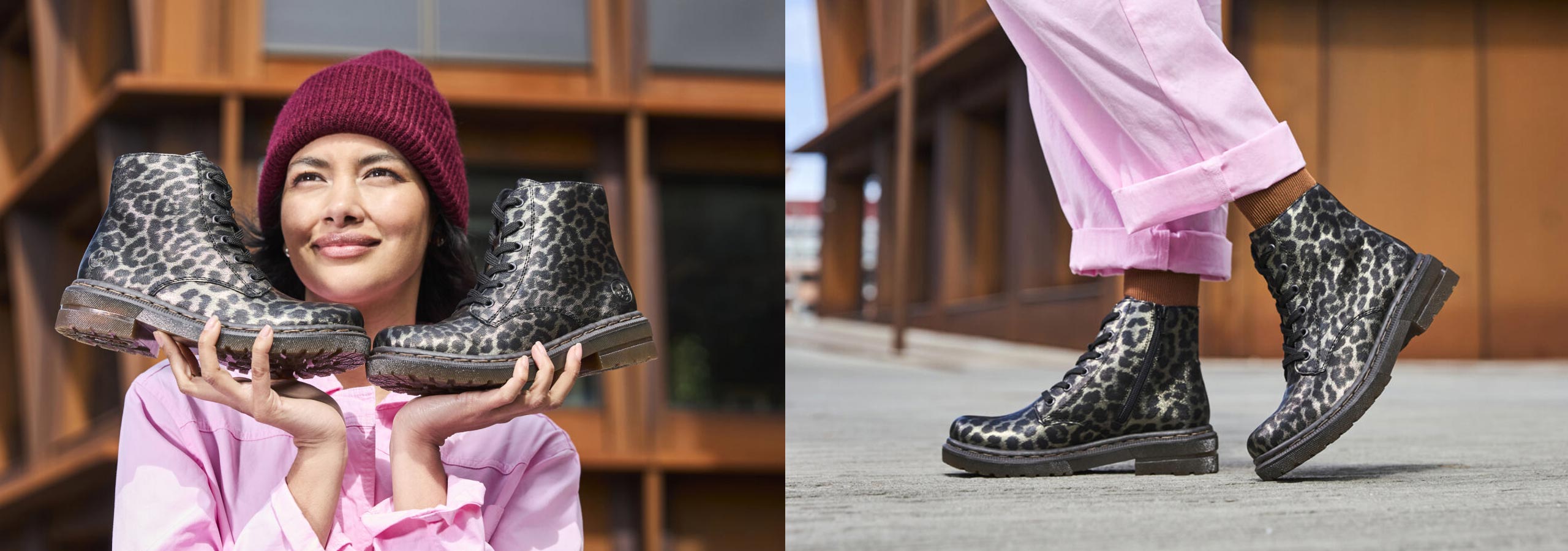 Person holding and wearing black patterned boots in two different settings.