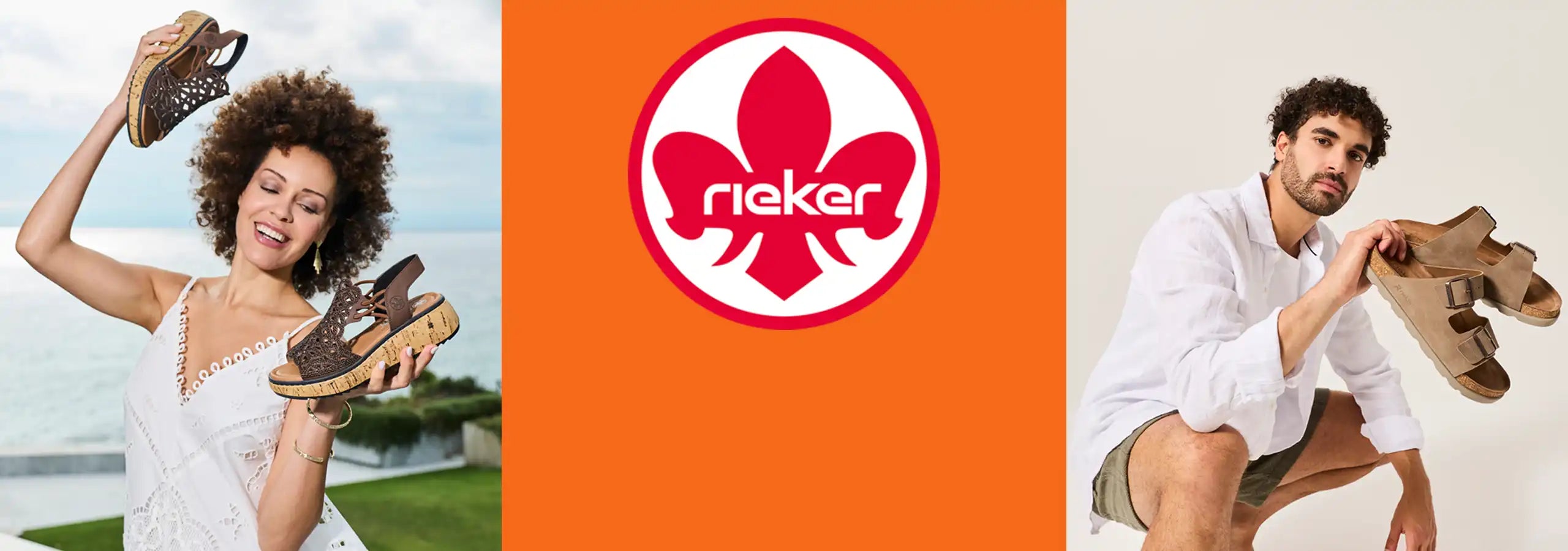 Rieker logo with a woman and a man holding shoes on either side.