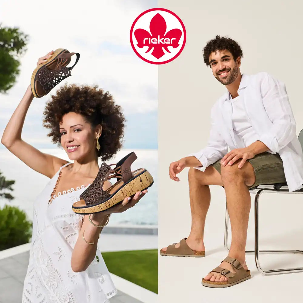 Two people wearing brown sandals with a Rieker logo above them.