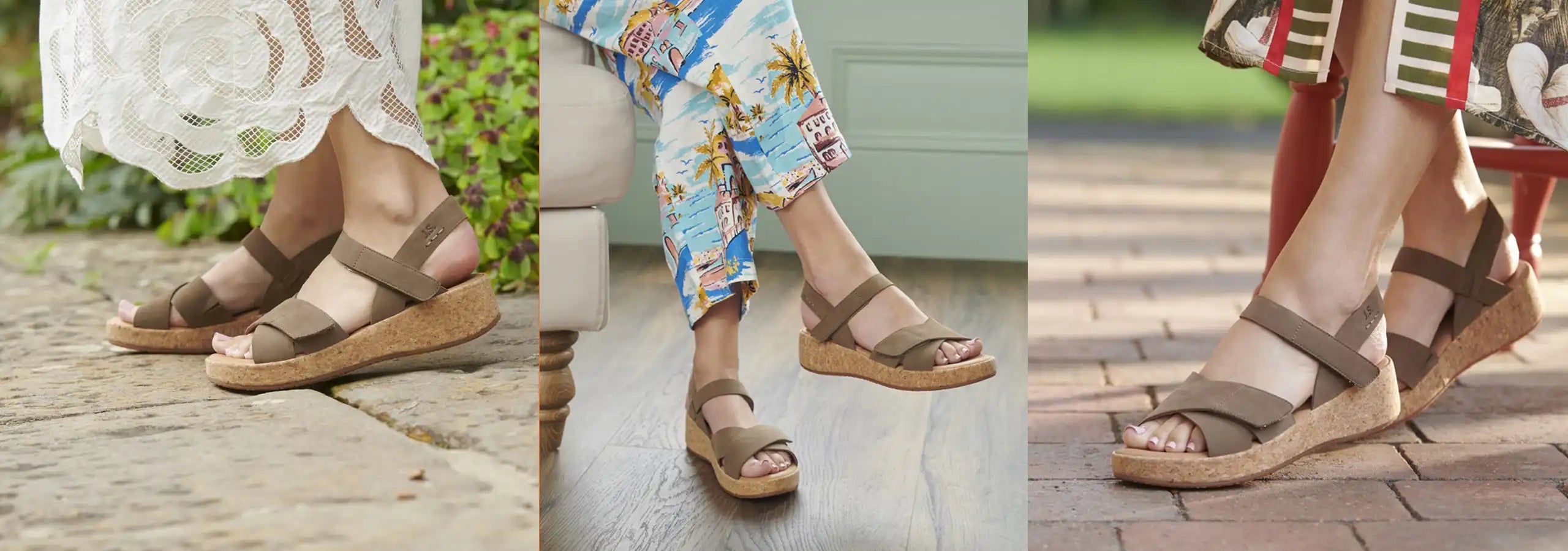 Three pairs of feet wearing sandals on a wooden floor, outdoor setting.
