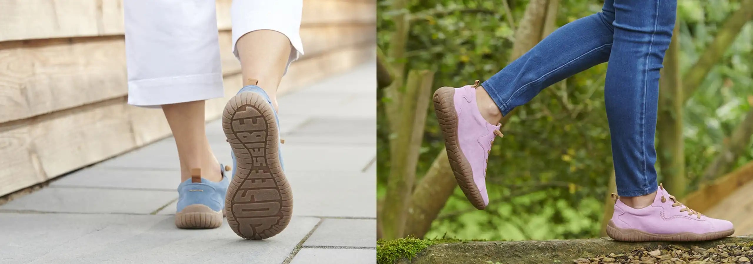Two pairs of shoes worn by people walking outdoors.