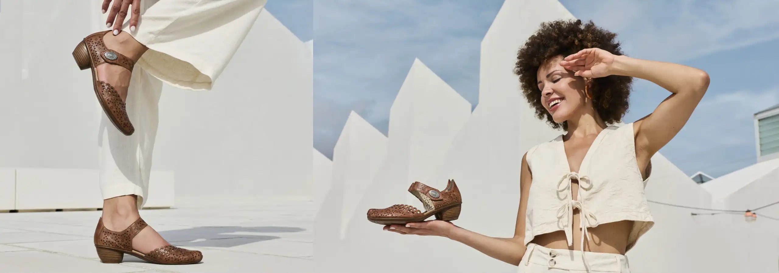 Woman holding a shoe with a white architectural background