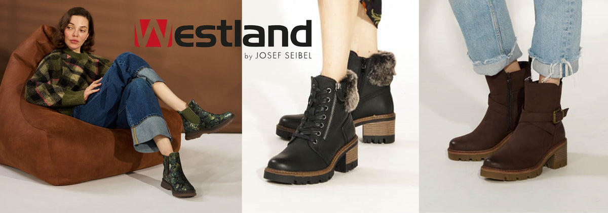 a woman sitting on a bean bag wearing green boots, plus two close up of Westland autumn winter boots